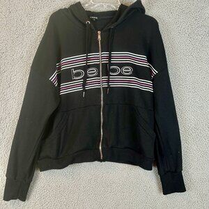 Bebe Sport‎ Women's 2X Black Full Zip Hoodie Y2K Sequin Logo Hooded Sweatshirt